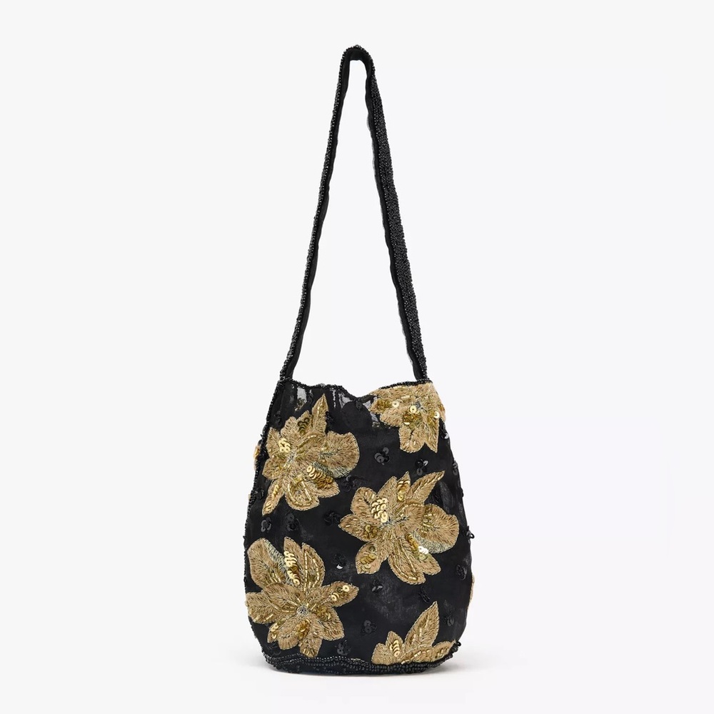 NWT Zara Woman Accessories Bloggers Fav FLORAL EMBROIDERY BEADS BUCKET BAG Black